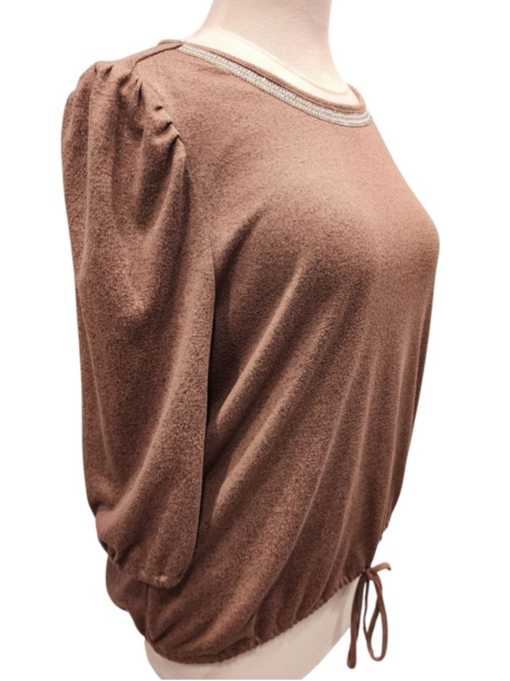 Retrology Brown Rhinestone Embellished Top XL 3/4 Ruched Sleeve Drawstring Hem - Picture 2 of 11
